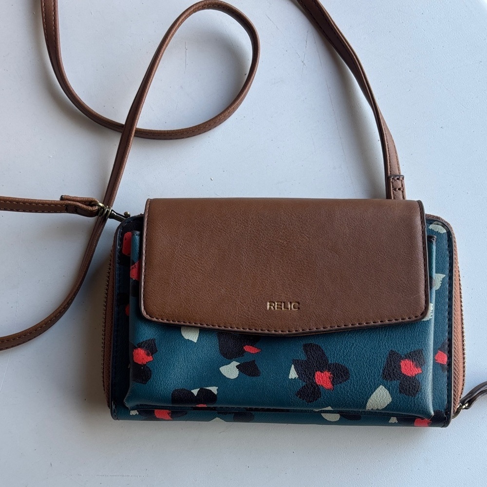 Relic by Fossil Brown and Teal Floral Crossbody Bag